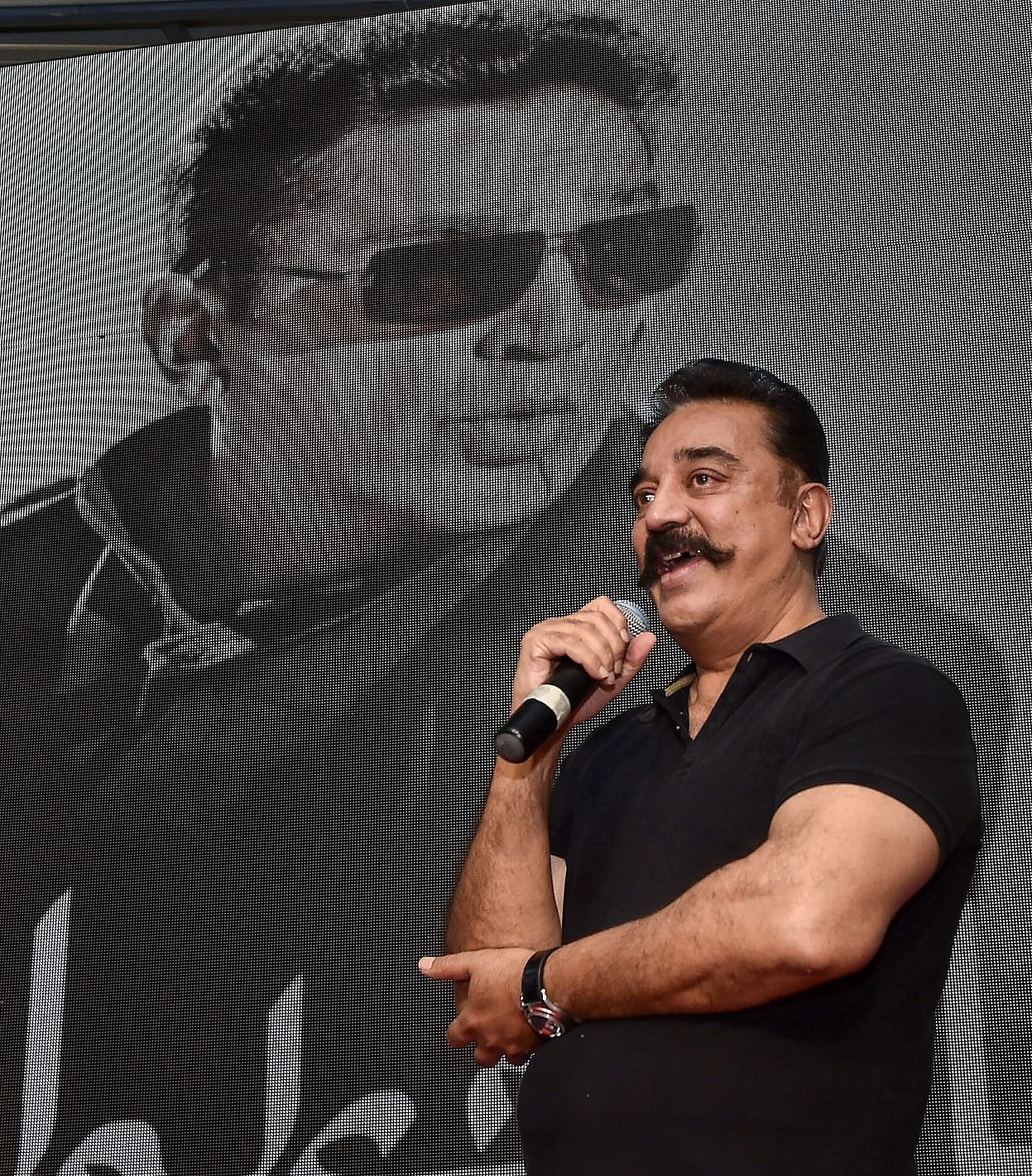 Actor Kamal Haasan speaks during the trailer launch of his much-awaited bilingual thriller movie Vishwaroopam 2 in Chennai on Monday. PTI