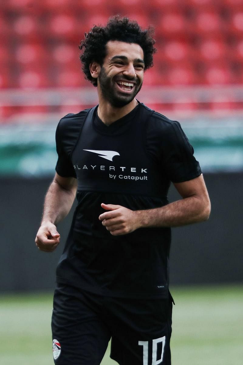 Egypt's forward Mohamed Salah takes part in a training session in Grozny on Monday. AFP