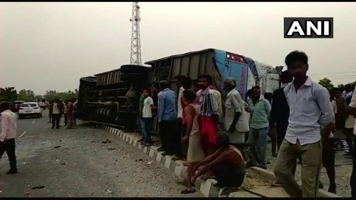 17 dead, more than 35 injured after a private bus hit a divider and overturned near Mainpuri in Uttar Pradesh. (ANI Photo)