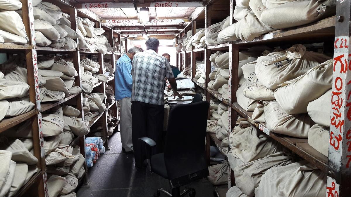 The storeroom in the Survey, Settlement and Land Records Department, where maps as old as the ones made by the British have been bundled up and stored.