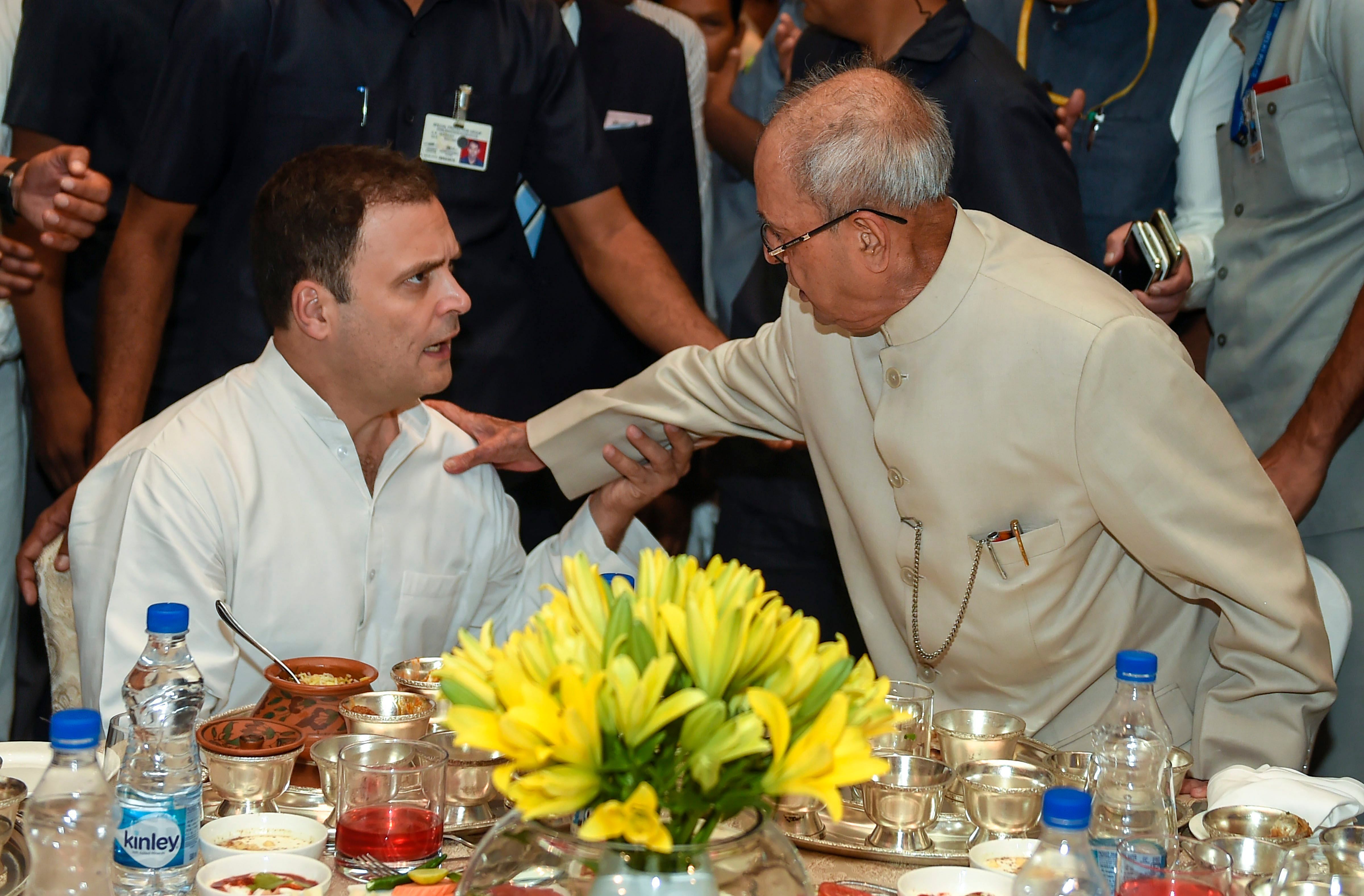 Former president Pranab Mukherjee during the Iftar party hosted by Congress president Rahul Gandhi, in New Delhi on Wednesday. PTI