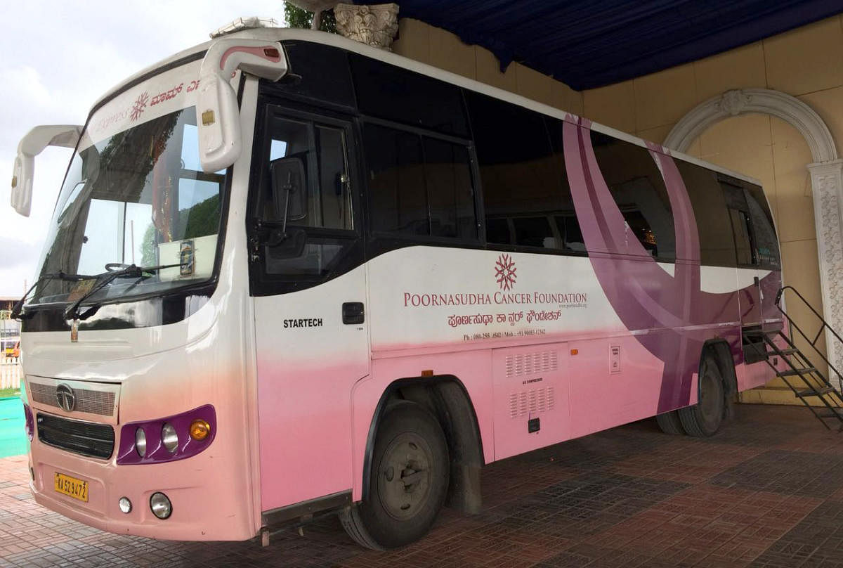 The bus of the Poorna Sudha Cancer Foundation.