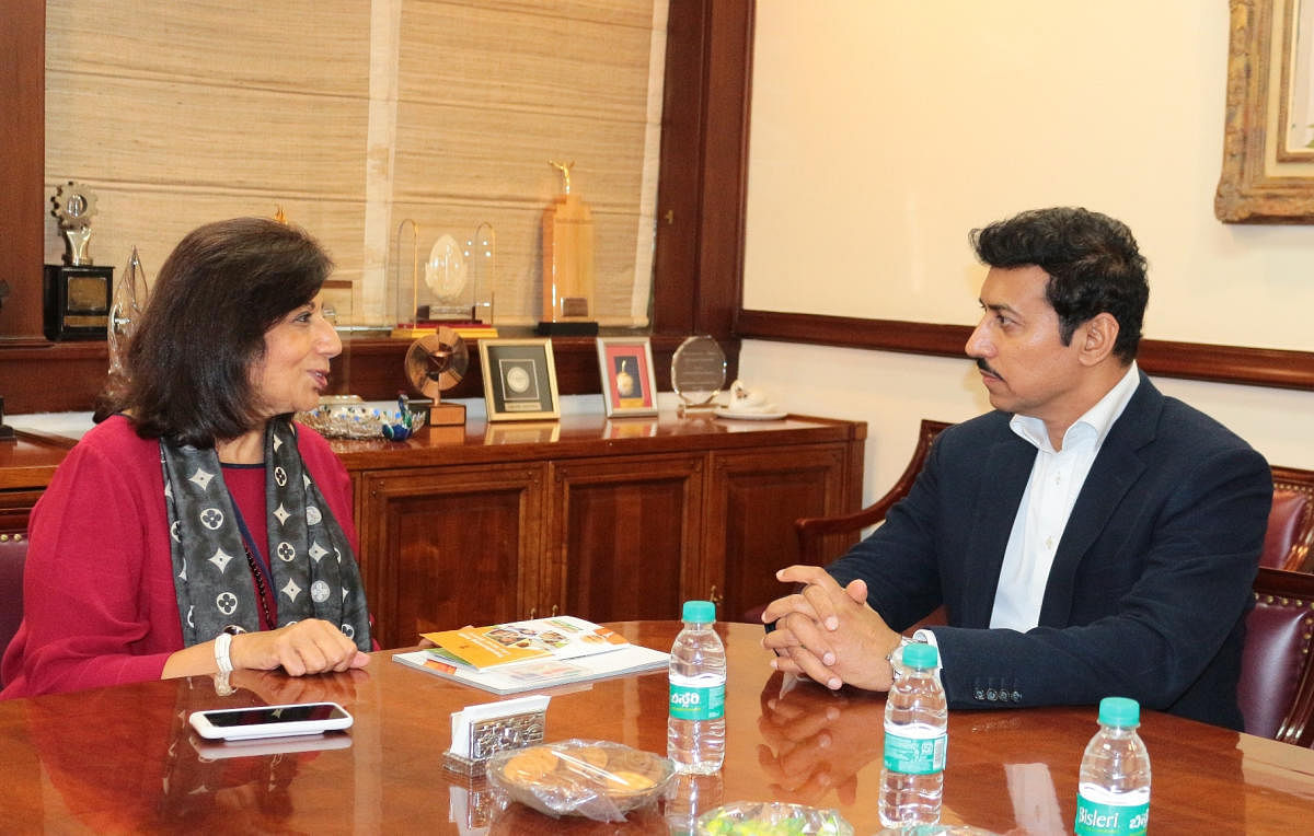 Union Sports Minister Rajyavardhan Singh Rathore meets Biocon chairperson and managing director Kiran Mazumdar-Shaw at the Indian Institute of Management in Bengaluru on Thursday.