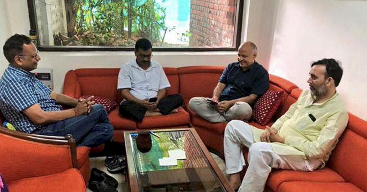 Delhi Chief Minister Arvind Kejriwal, Deputy CM Manish Sisodia, Aam Aadmi Party (AAP) leaders Satyendra Kumar Jain and Gopal Rai during a sit-in protest at Lieutenant Governor Anil Baijal’s residence, in New Delhi on Sunday. PTI file photo