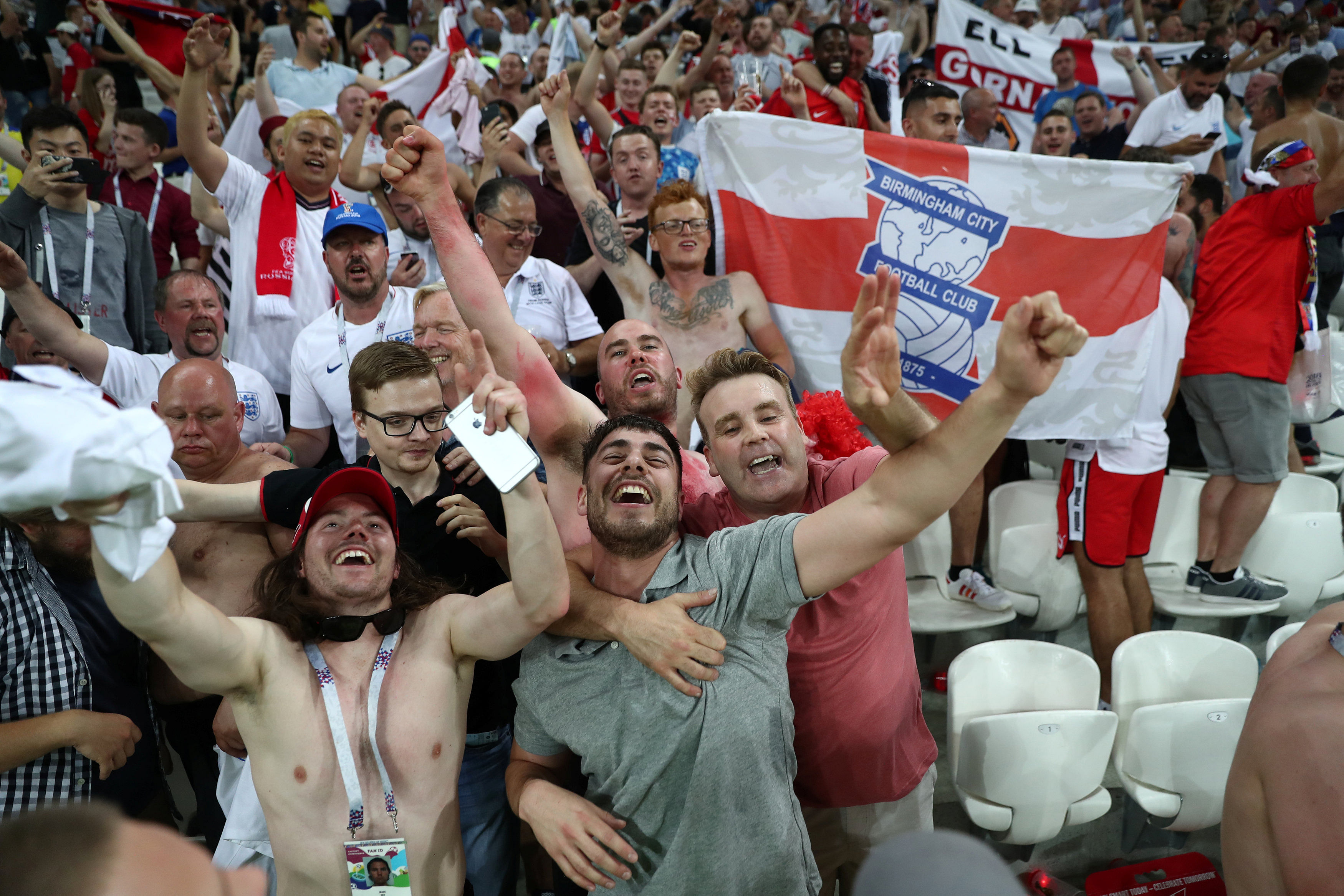 England fans celebrate their team's victory over Tunisia in a Group G encounter in Volgograd on Monday. (Reuters)