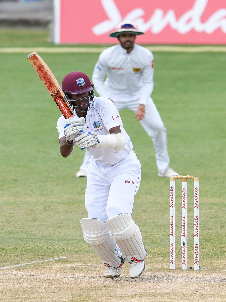Kraigg Brathwaite of West Indies en route to his unbeaten 59 against Sri Lanka on the final day of the second Test in Gros Islet on Monday. AFP. 