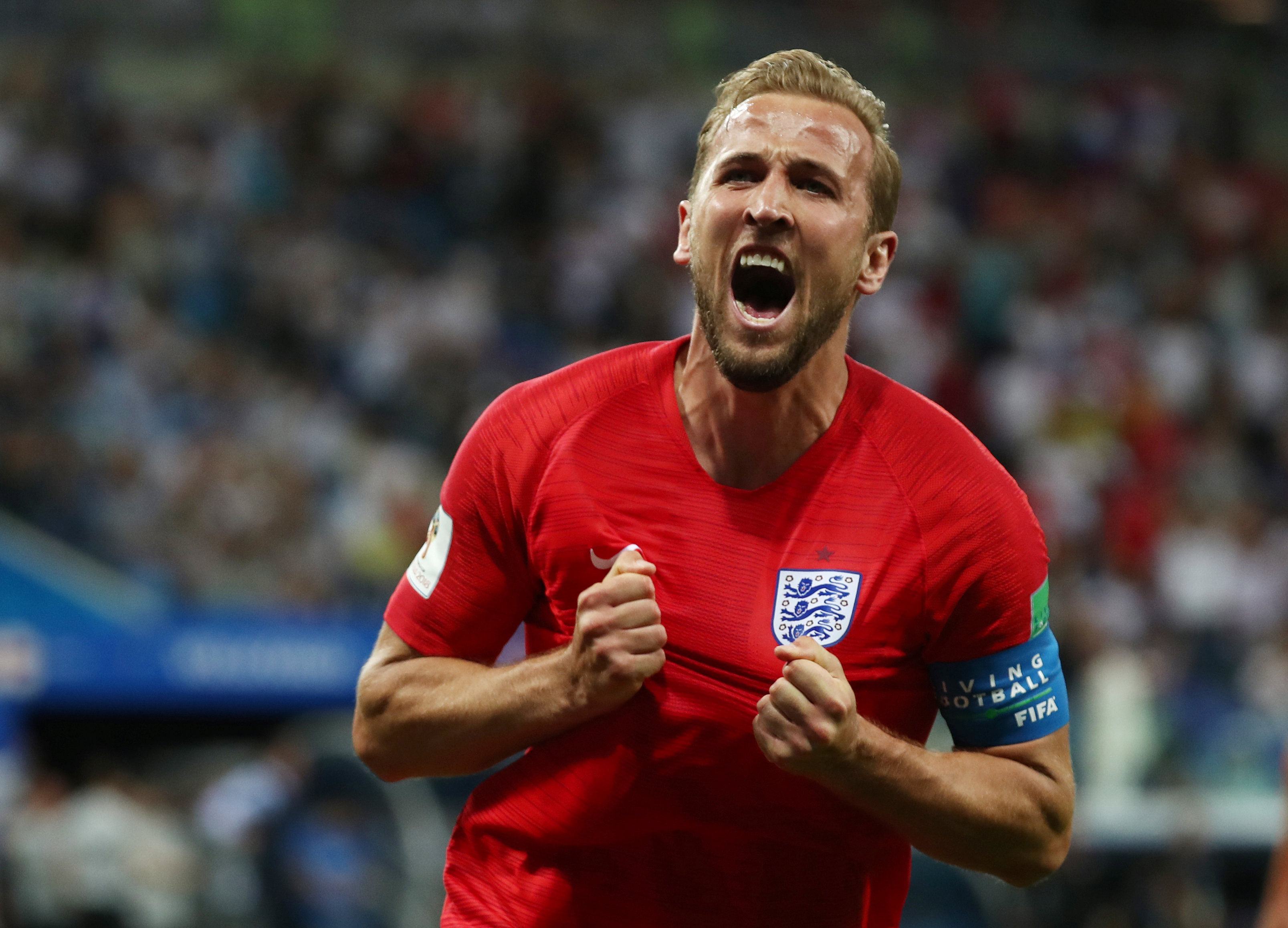 England's Harry Kane celebrates after scoring the team's second goal. (Reuters)