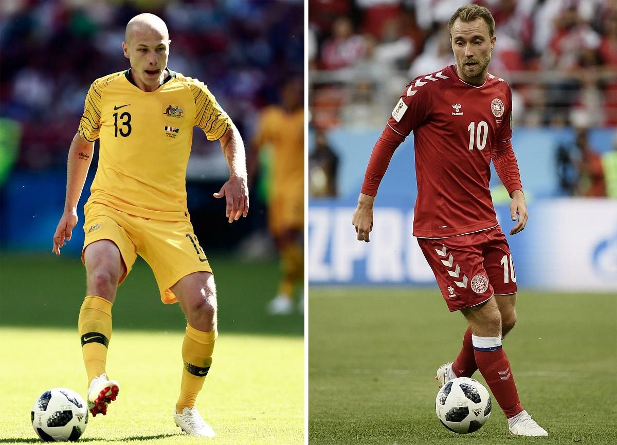 MEN WHO MATTER: Australia's Aaron Mooy and Christian Eriksen of Denmark will be the ones to watch out for when the two teams clash in Kazan on Thursday. AFP