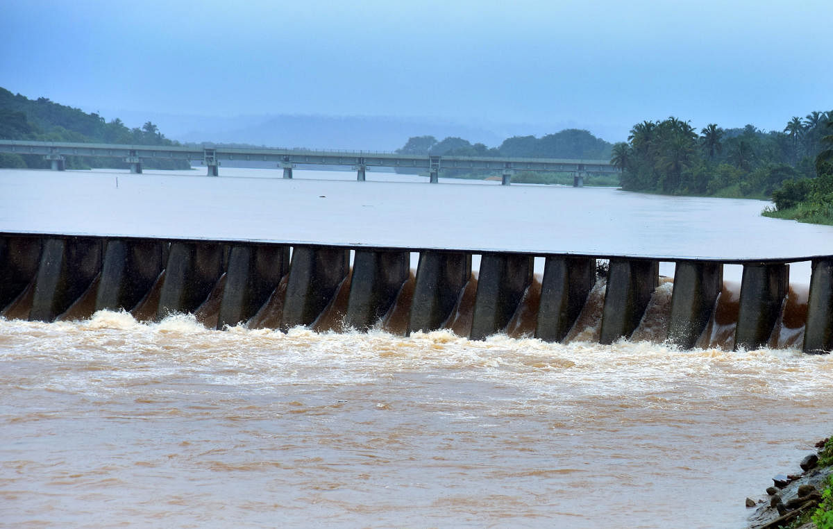 The water level in the Gurupura river has drastically increased. The river is seen gushing through the Malavooru vented dam and caught the attention of shutterbugs on Wednesday. DH Photo/ Govindraj Javali