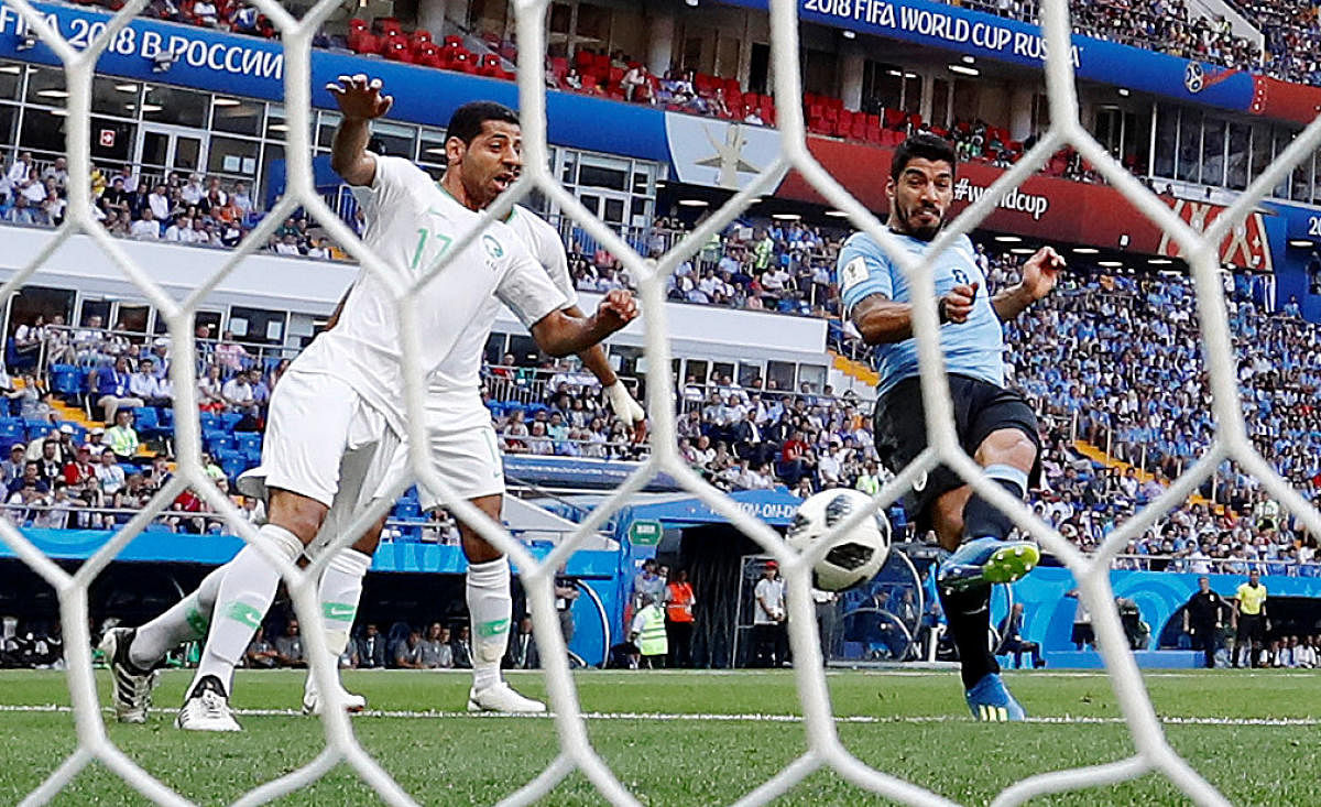 Uruguay striker Luis Suarez scores their lone against Saudi Arabia in a Group A match in Rostov-on-Don on Wednesday. Reuters