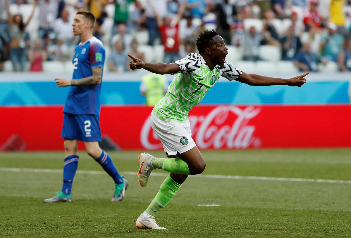 Nigeria's Ahmed Musa celebrates scoring their first goal.  REUTERS