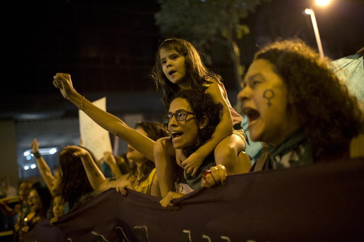 Rio de Janeiro: Women chant during a protest demanding the legalization of abortion without exception, in Rio de Janeiro, Brazil on Friday. Abortion is illegal in Brazil, except when a woman's life is at risk, when she has been raped or when the fetus has