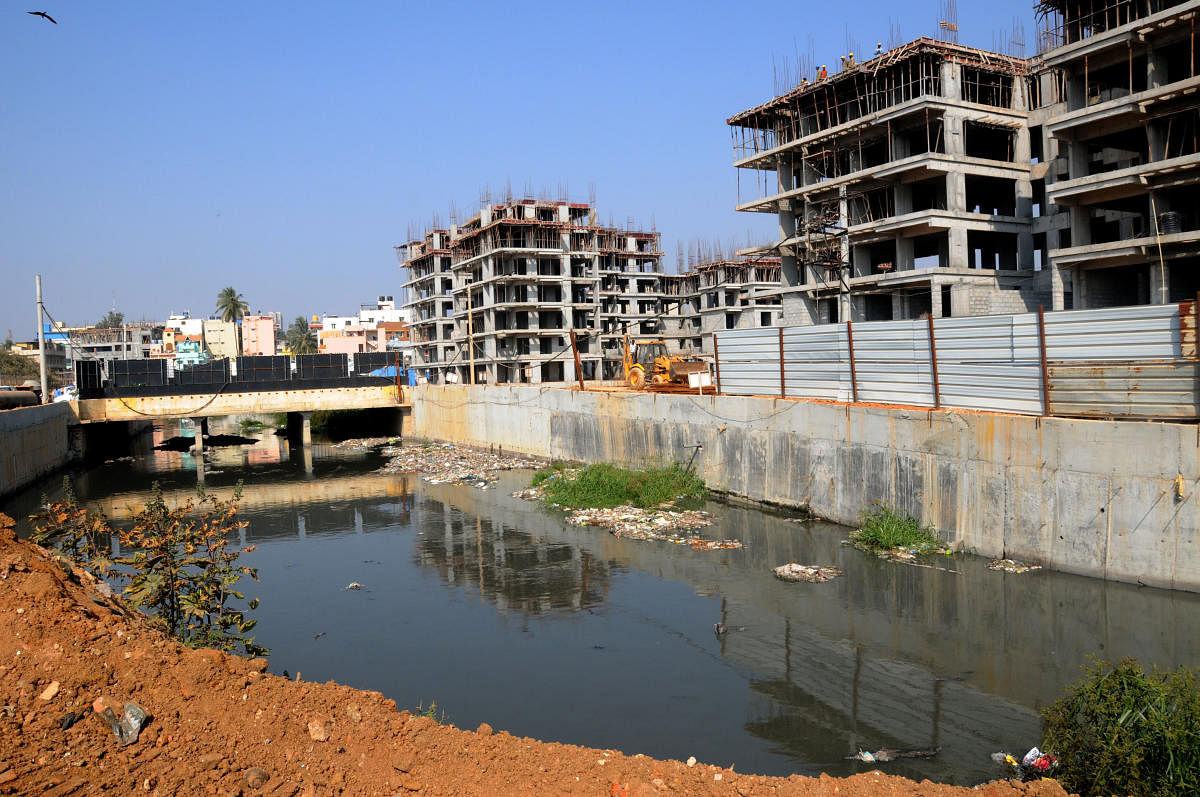 A view of the Rajakaluve Encroachment of which is encroached, at Agara Lake Rajakaluve in Bengaluru on Friday.-Photo/ Kotekarencroachment