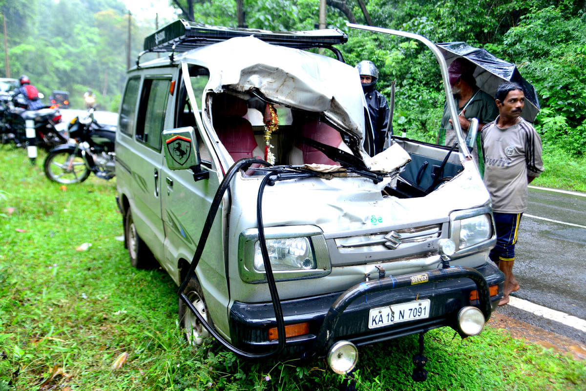 The Maruti Omni van which was damaged in the elephant attack at Kidu near Bilinele of Subrahmanya forest range on Saturday. dh photo