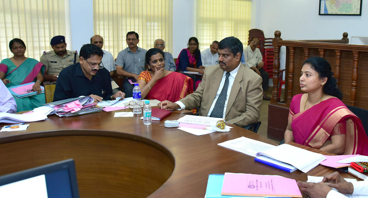 Additional Deputy Commissioner Vaishali chairs a meeting on child rights protection in Mangaluru on Saturday.