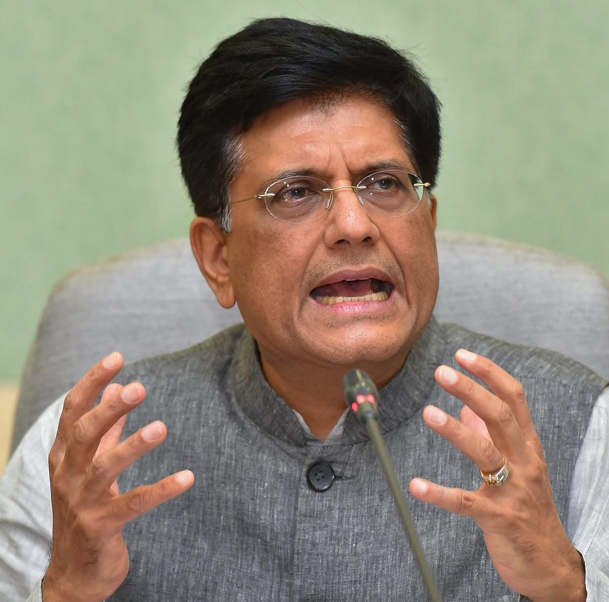 Acting Finance Minister Piyush Goyal gestures as he addresses a press conference in New Delhi. (PTI Photo)