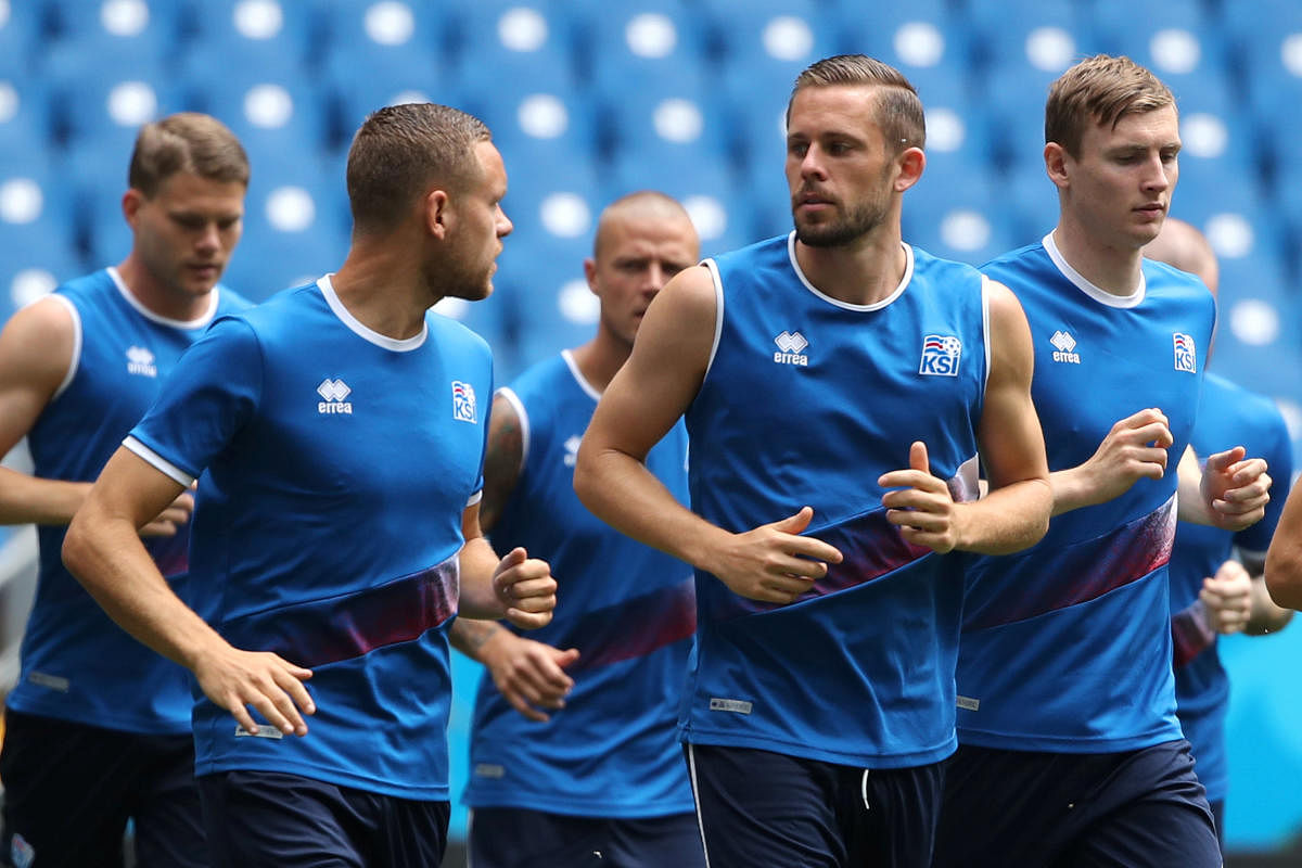 STERN TEST Iceland's ace striker Gylfi Sigurdsson (second from right) will have to be at his best form if he hopes to unlock a solid Croatian unit. REUTERS