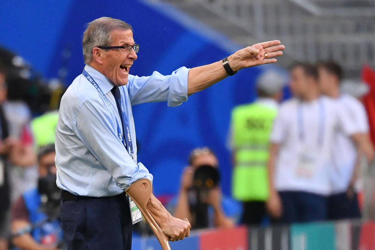 Uruguay's coach Oscar Tabarez reacts during their match against Russia on Monday. AFP