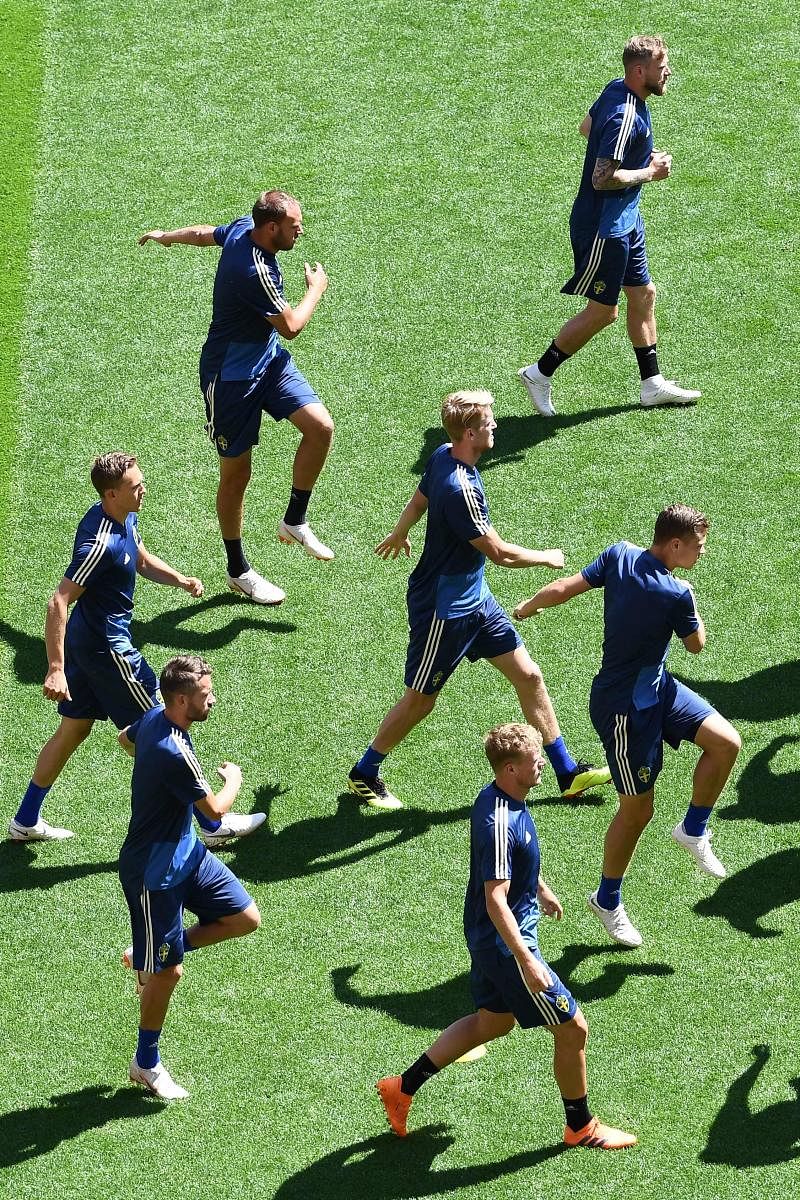 Sweden players during a training session at the Ekaterinburg Arena, in Yekaterinburg, on Tuesday. AFP