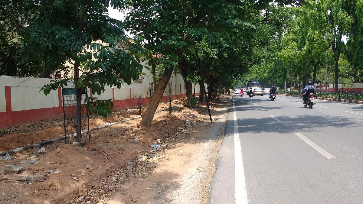 A footpath along Cubbon Road, reduced almost by half its original size to facilitate laying of the cycle track.  