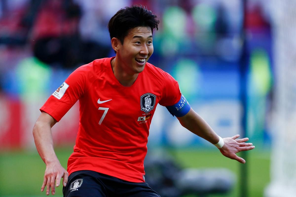 Jubilant: South Korea's Son Heung-min celebrates after scoring against Germany on Wednesday. AFP