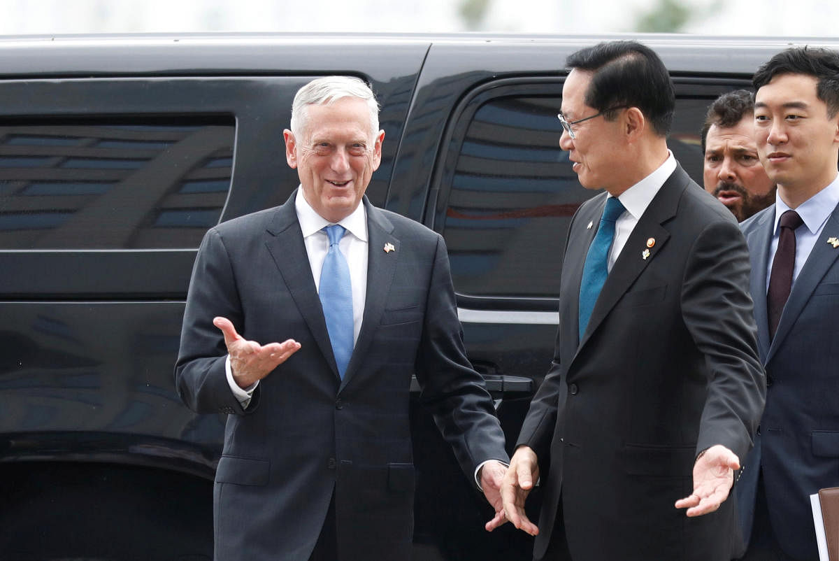 US Defence Secretary Jim Mattis is greeted by his South Korean counterpart Song Young-moo upon his arrival at the Defence Ministry in Seoul, South Korea. (Reuters Photo)