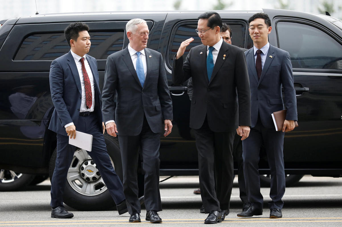 U.S. Defence Secretary Jim Mattis is greeted by his South Korean counterpart Song Young-moo upon his arrival at the Defence Ministry in Seoul, South Korea. (Reuters Photo)