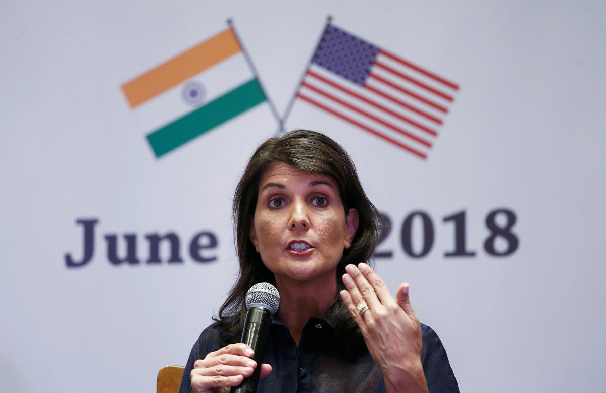 U.S. Ambassador to the United Nations Nikki Haley addresses a gathering on advancing India-U.S. relations, in New Delhi. (Reuters Photo)