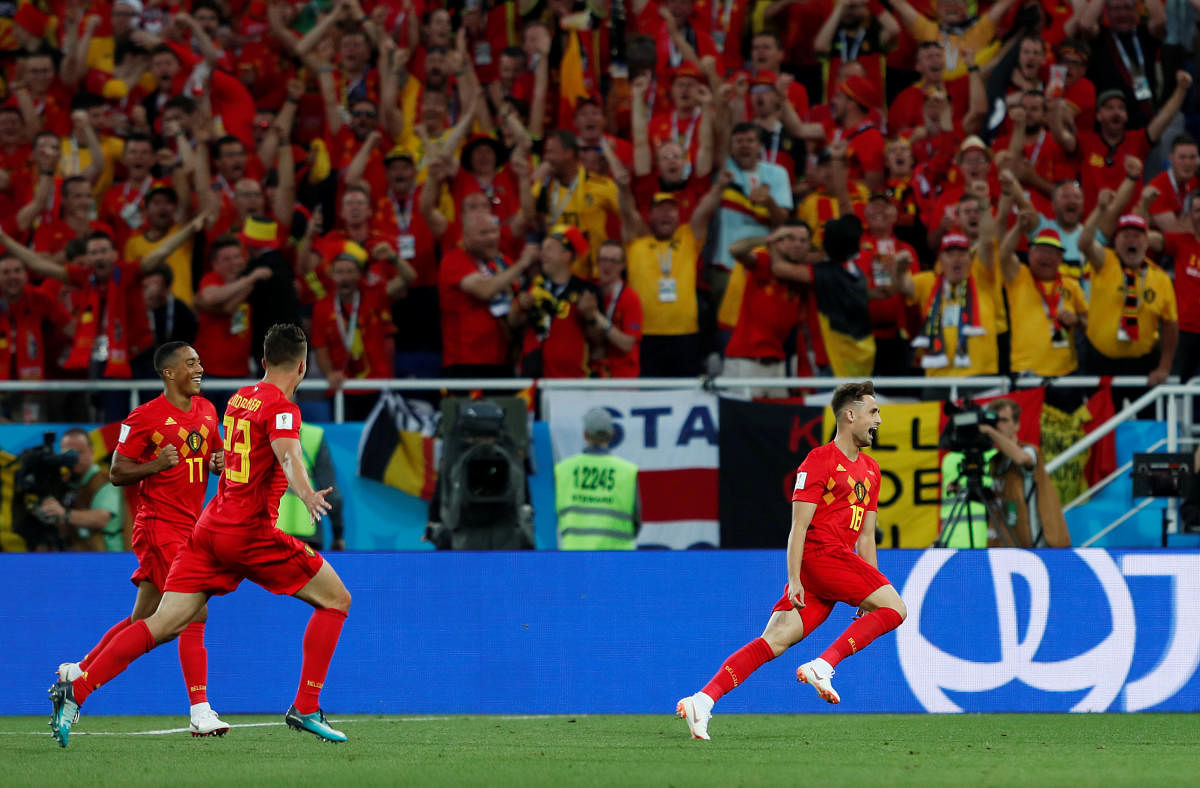 Belgium's Adnan Januzaj celebrates scoring their first goal. Reuters