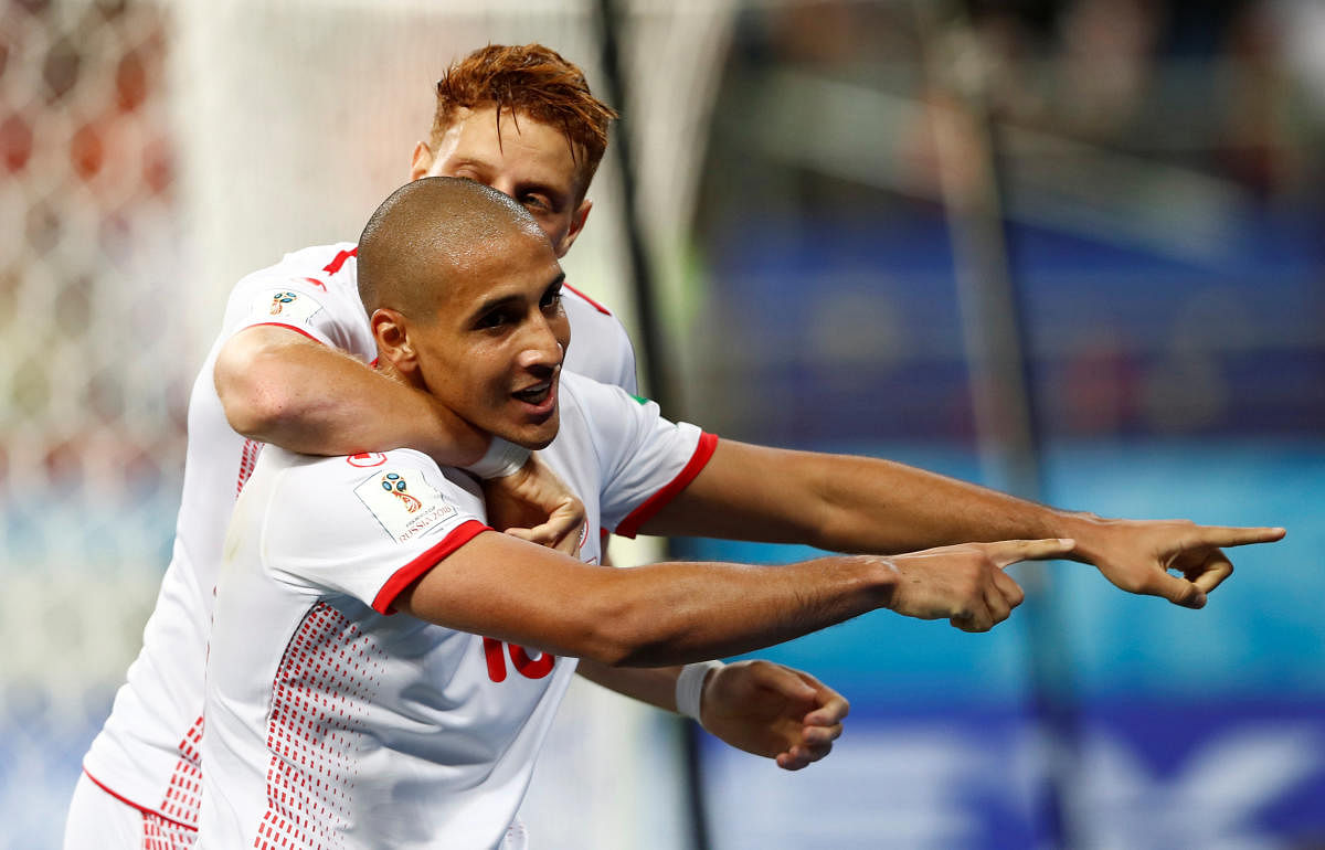 Tunisia's Wahbi Khazri celebrates scoring their second goal with team mates. Reuters