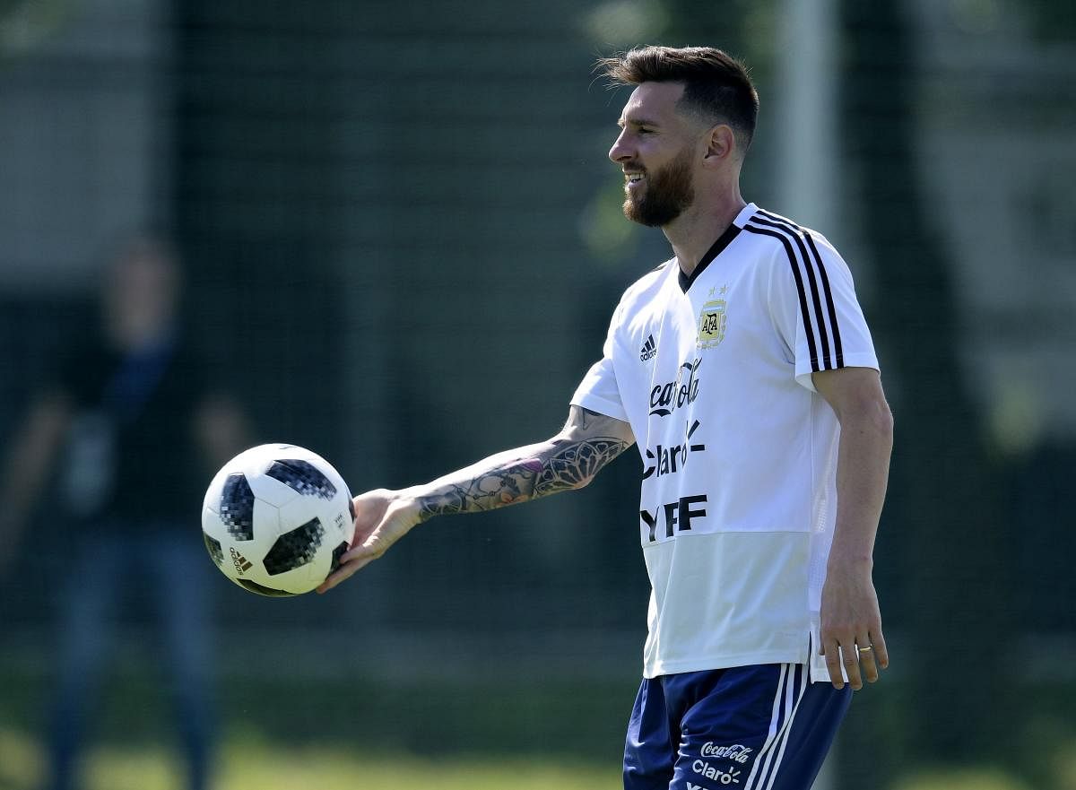 Argentina's forward Lionel Messi takes part in a training session at the team's base camp in Bronnitsy, on Friday, on the eve of the team's round of sixteen football match against France. AFP