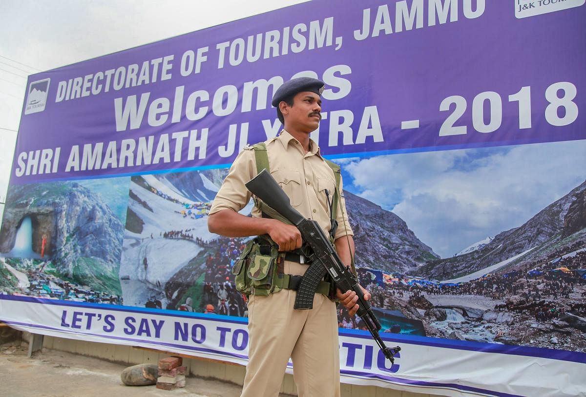 Jammu: A paramilitary soldier stands guard inside the Amarnath yatra base camp, in Jammu on Friday, June 29, 2018. PTI. 