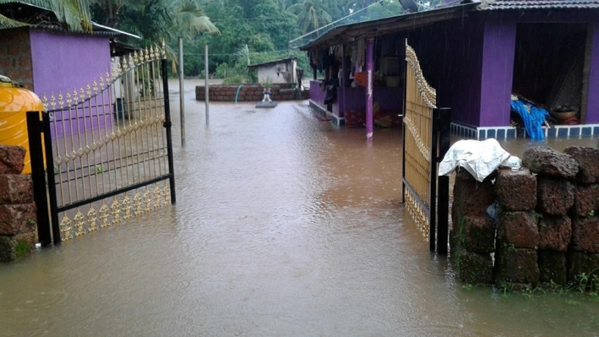 The house of Rajesh Naik was inundated at Ulluru in Byndoor.