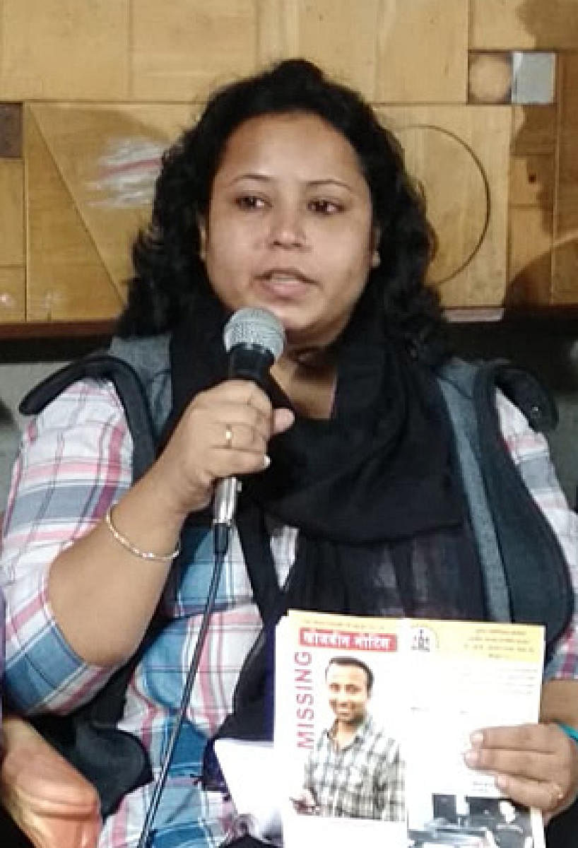 Kumar Ajitabh's sister Pragya Sinha addresses a press meet in Bengaluru on Friday. DH Photo