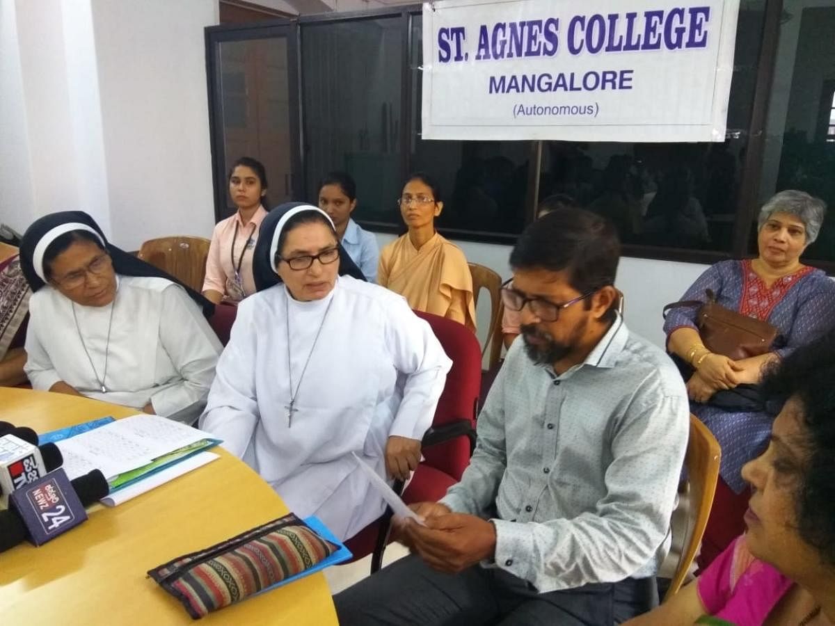 Addressing reporters here on Friday, principal Sr Jeswina said that no student will wear a headscarf. Students will not cover their faces or wear any other clothes except the prescribed college uniform inside the campus, she added. DH photo