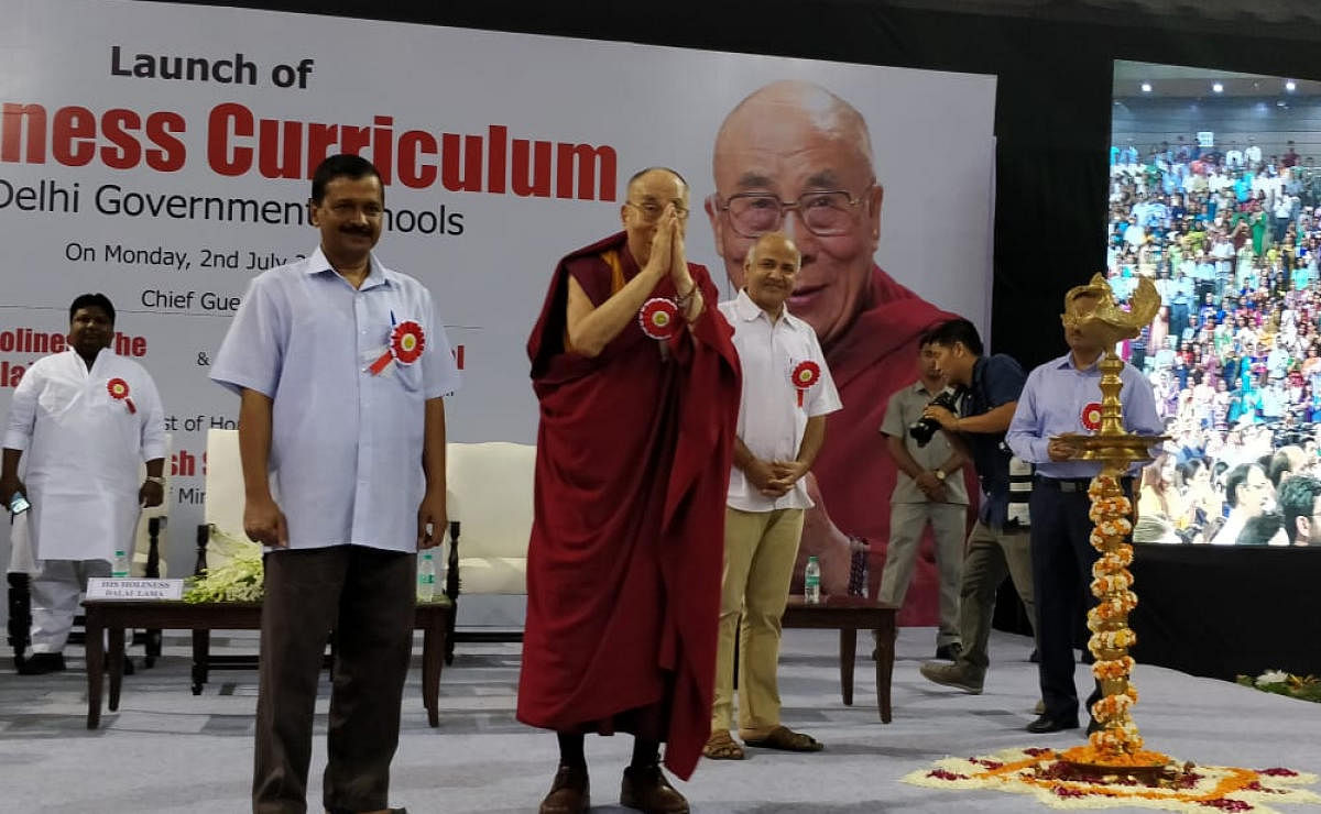 The Delhi government on Monday launched 'Happiness Curriculum' for its school students, with the Dalai Lama gracing the occasion and saying that India can lead the world by uniting the modern and ancient knowledge and help it overcome "negative emotions" of the mankind. (PTI Photo)