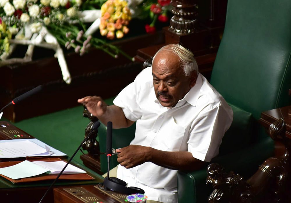 Irked by the ministers' absence during the motion of thanks to the Governor for his address to the joint session of the state legislature, the Speaker said 13 ministers should have been present in the House according to the official list sent to his office. DH File Photo