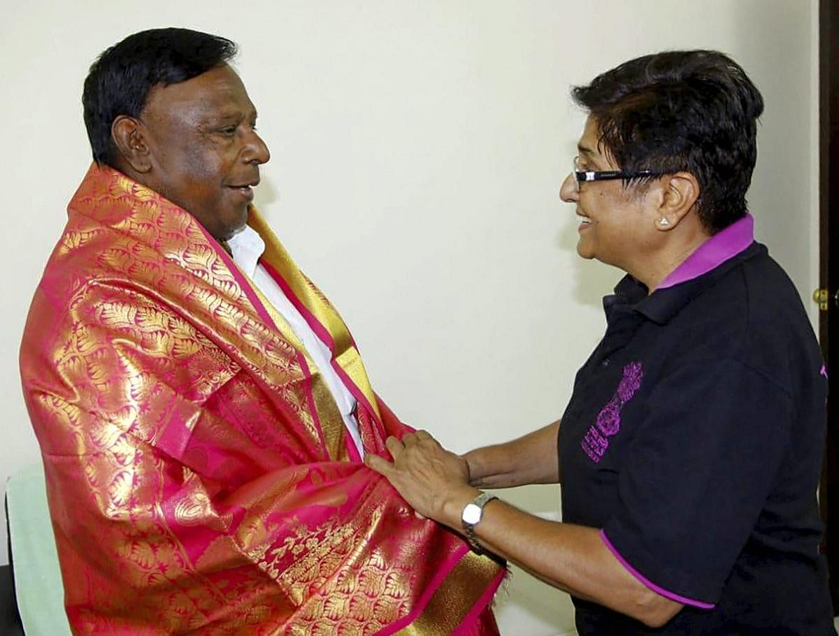 Puducherry Lt Governor Kiran Bedigreets Chief Minister V Narayanasamy on the eve of his 71st birthday, in Puducherry. (PTI File Photo)