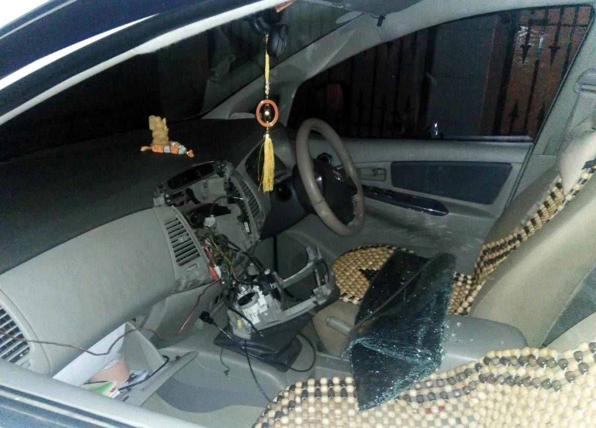 Former minister B Somashekhar’s car from which an audio system was stolen.