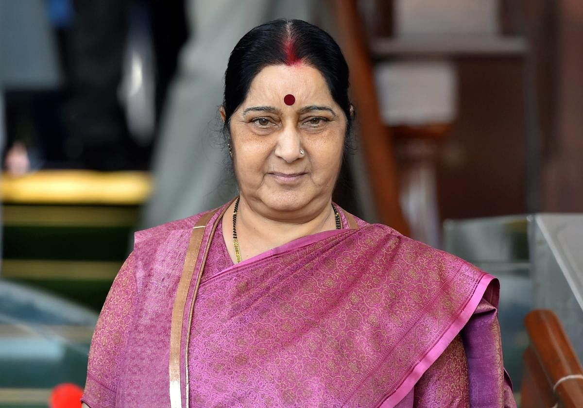 New Delhi: External Affairs Minister Sushma Swaraj comes out of Parliament House during the second phase of budget session, in New Delhi on Tuesday. Swaraj said that the 39 bodies exhumed from a mount in Badoosh in Iraq have been identified as those of In