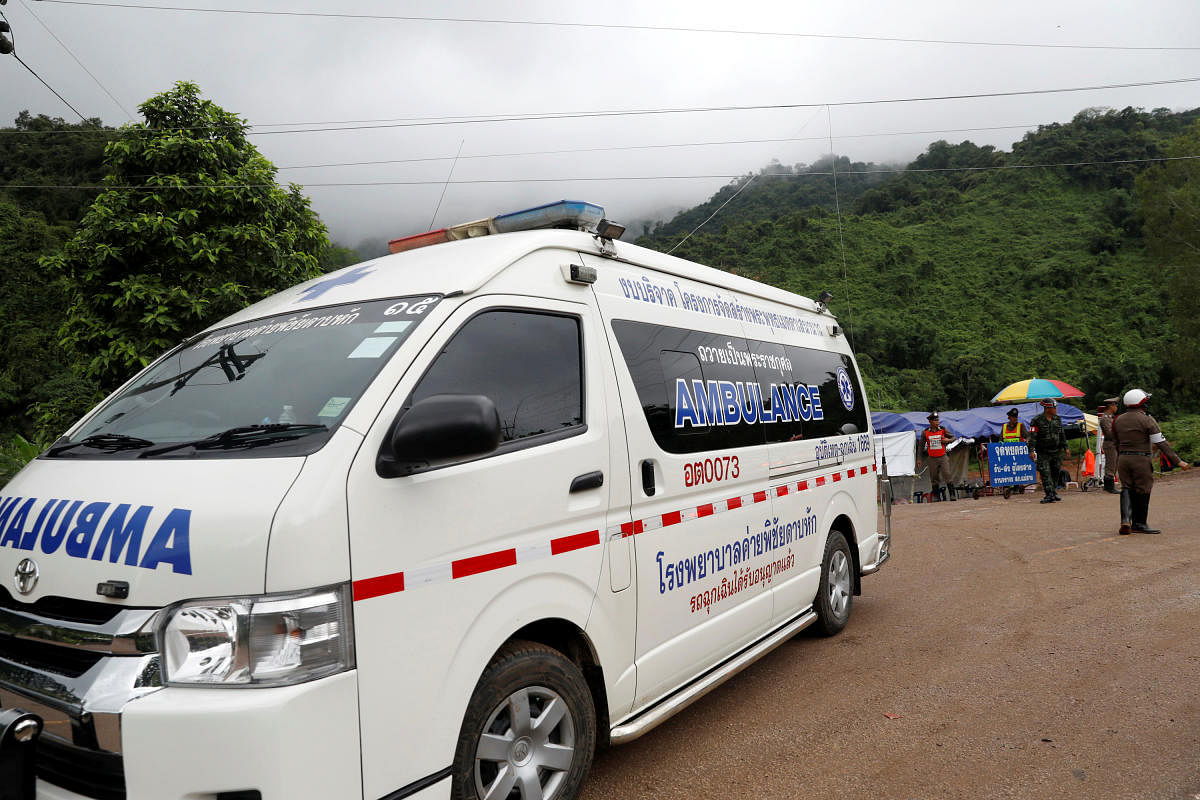 An ambulance is seen near the Tham Luang cave complex, where members of a football team are trapped in a flooded cave, in the northern province of Chiang Rai, Thailand. (Reuters Photo)