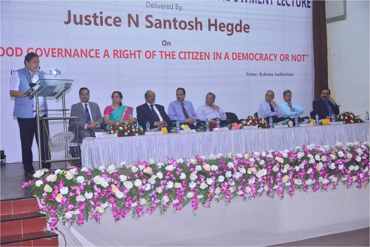 Former Lokayukta Justice Santosh Hegde speaks at Prof Dr N Sridhar Shetty Annual Endowment lecture, at A B Shetty Dental College on Monday.