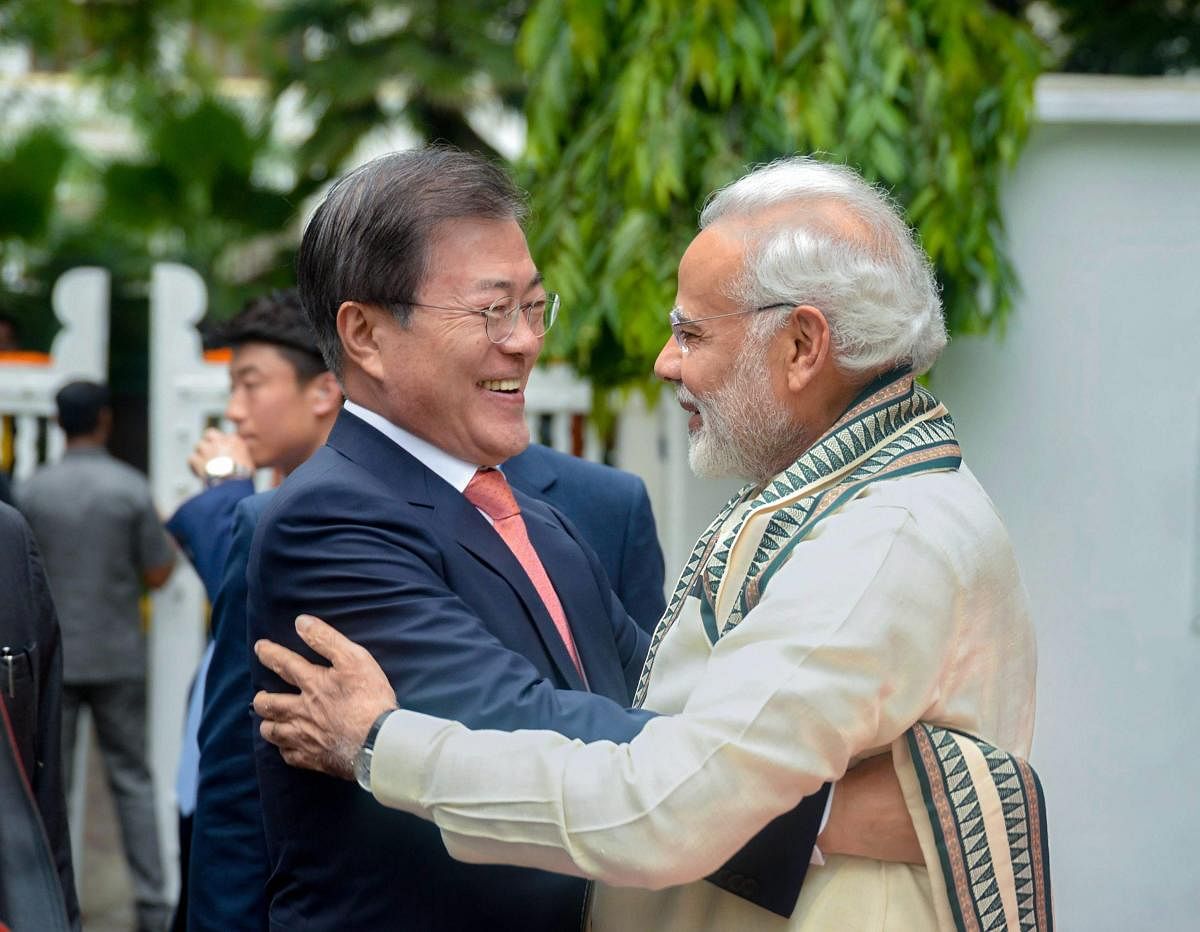 Prime Minister Narendra Modi with South Korean President Moon Jae-in, at the Gandhi Smriti, in New Delhi. PTI Photo