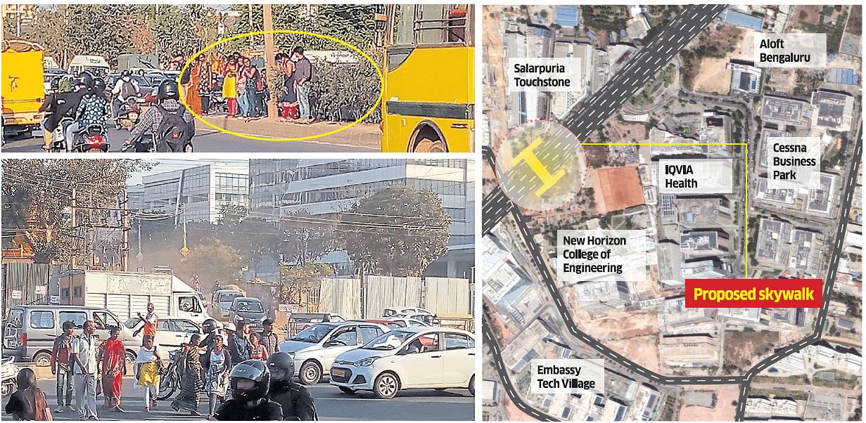 Crossing the busy ORR during rush hour to reach their workplace is a daily ordeal for the public. DH graphic/Ramu M 