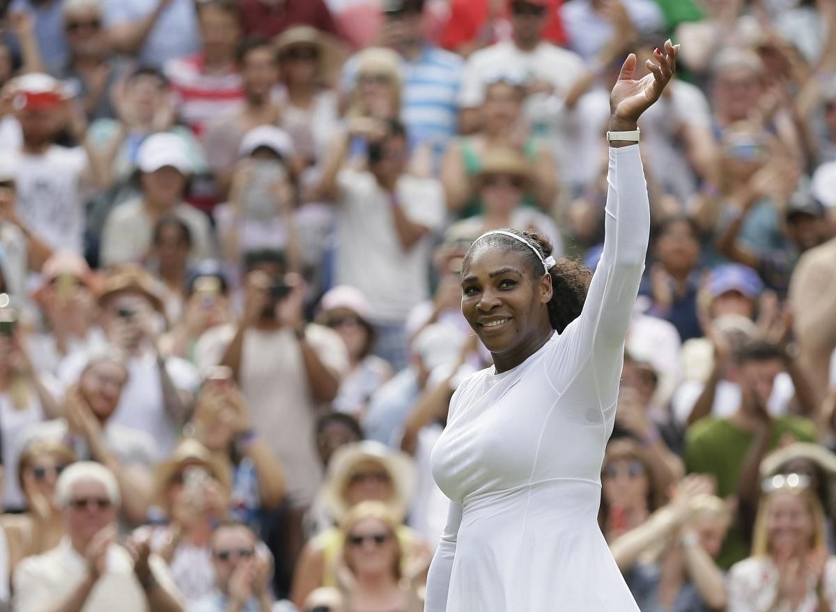 Serena Williams of the United States celebrates winning her women's singles match against Russia's Evgeniya Rodina, on day seven of the Wimbledon Tennis Championships, in London, Monday July 9, 2018. (AP/PTI)