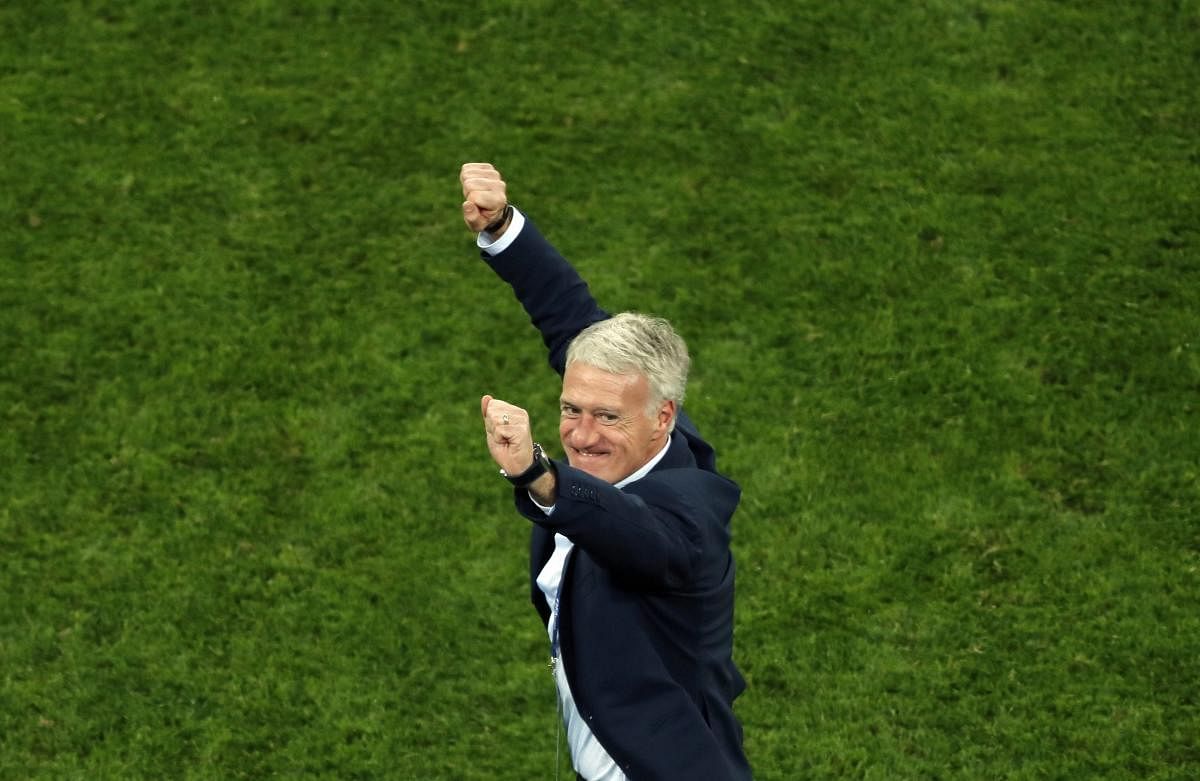 France head coach Didier Deschamps celebrates at the end of the semifinal match between France and Belgium at the 2018 soccer World Cup in the St. Petersburg Stadium in St. Petersburg, Russia, Tuesday, July 10, 2018. AP/PTI