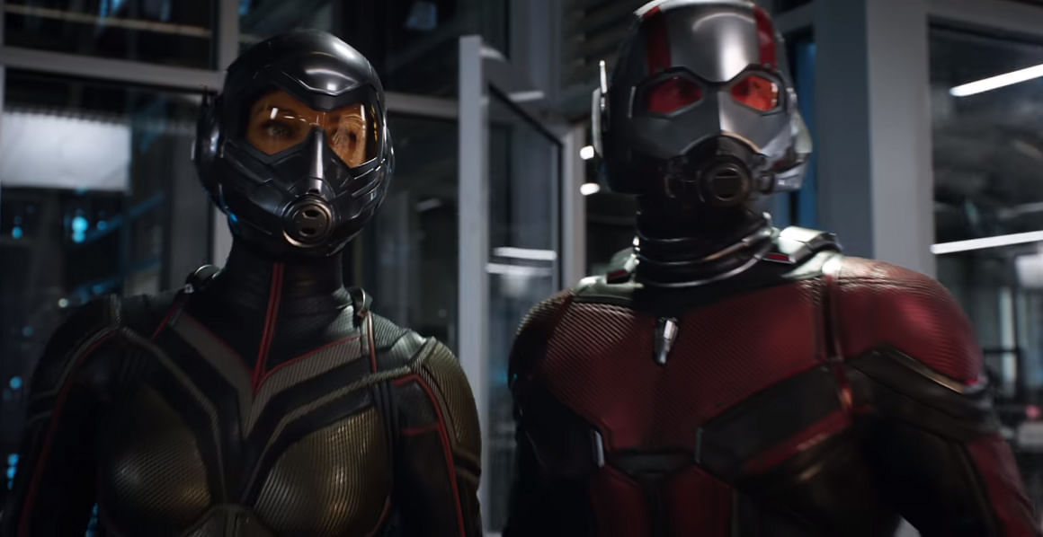 Hope van Dyne and Scott Lang in their respective suits in a still from the film. Photo: YouTube/Marvel Studios