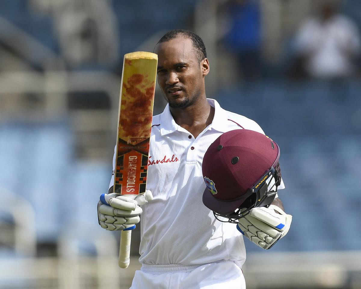 COMPOSED: Kraigg Brathwaite of West Indies celebrates after reaching his century against Bangladesh on the opening day of the second Test in Jamaica on Friday. AFP