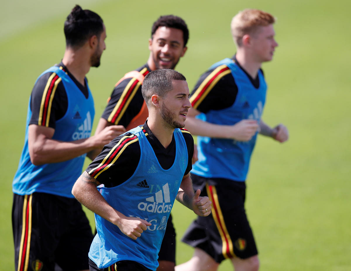 Belgium's Eden Hazard during a training session along with team-mates on the eve of their clash against England. REUTERS