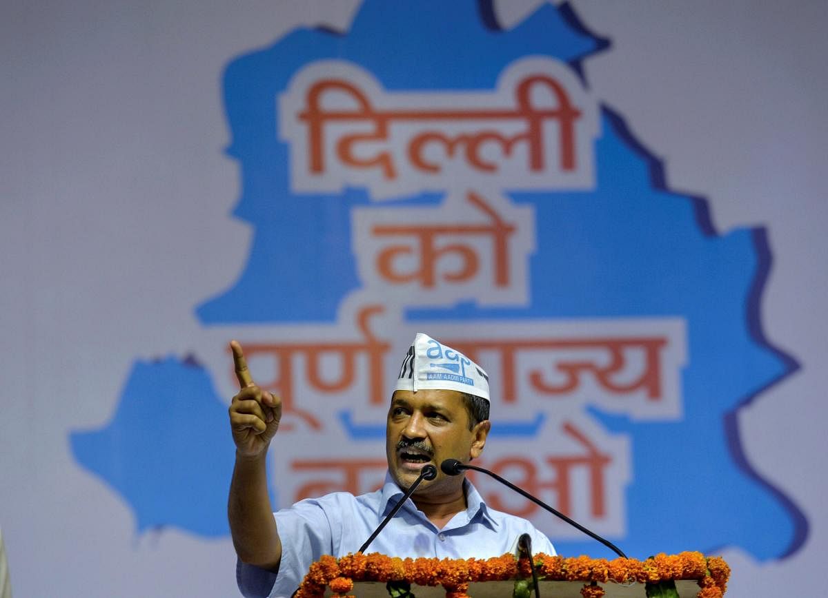 Delhi Chief Minister Arvind Kejriwal addresses AAP workers at the party's Pradesh Mahasammelan on the issue of full statehood to Delhi, in New Delhi on Sunday, July 1, 2018. (PTI Photo)